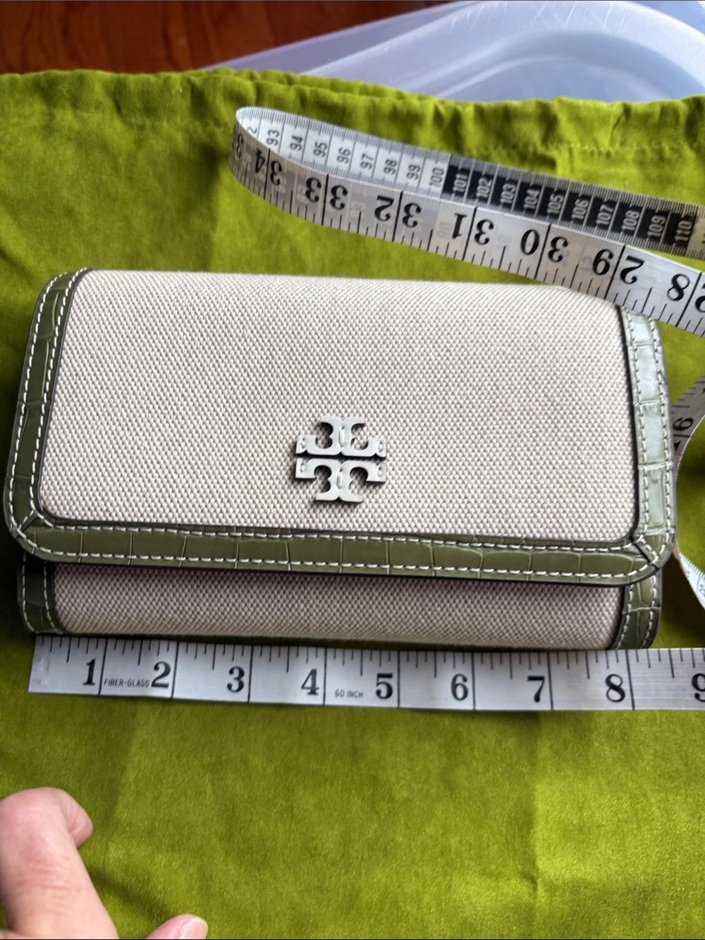 Tory Burch Thea Flat Wallet Crossbody Canvas Green Croc-embossed leather trim - Picture 13 of 16